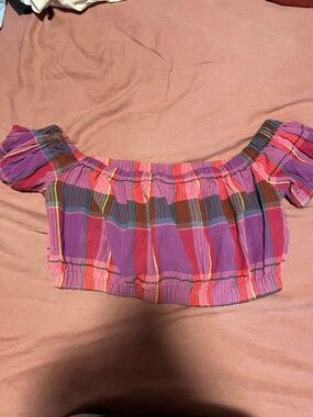 Forever 21 Pink and Purple Plaid Off-Shoulder Crop Top